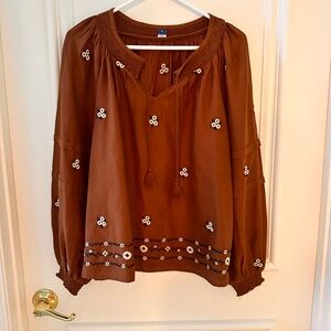 Old Navy Brown Floral Embroidered Peasant Blouse